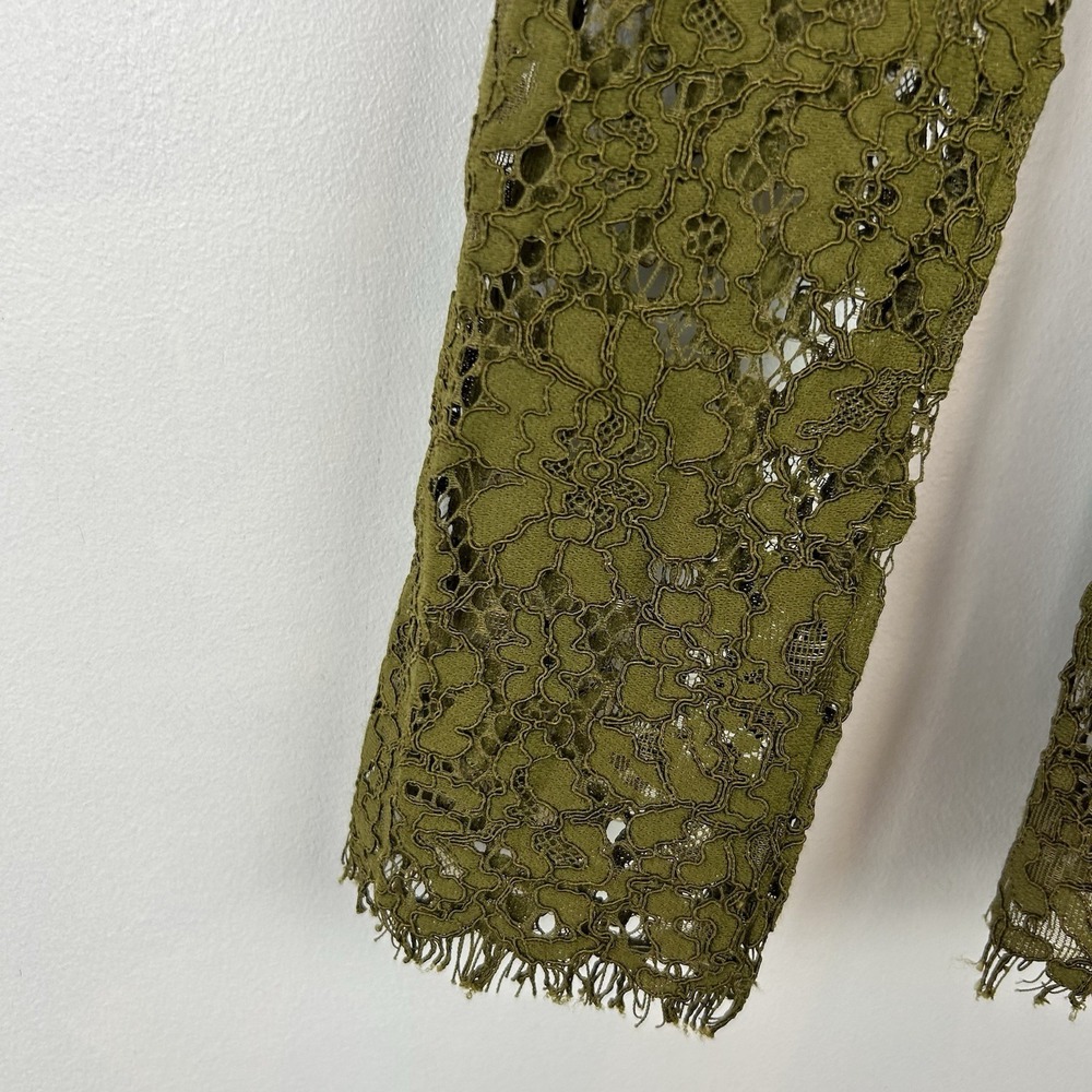 J Crew Lace Top Womens 2 Petite Long Sleeve Shirt Olive Green Sheer Sleeve - Picture 5 of 12